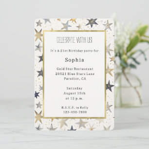 Blue Gold Silver Stars Birthday Invitation