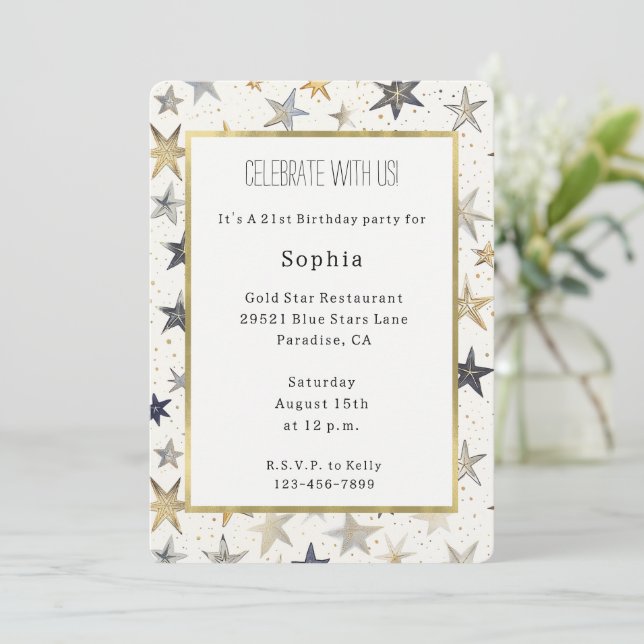 Blue Gold Silver Stars Birthday   Invitation (Standing Front)