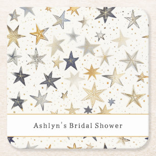 Blue Gold Silver Stars Bridal Shower Square Paper Coaster