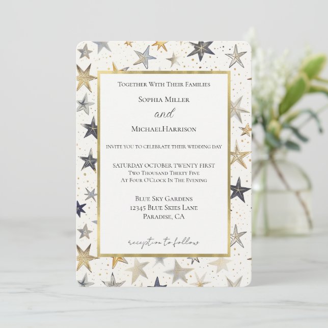 Blue Gold Silver Stars Wedding Invitation (Standing Front)