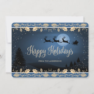 Blue Gold Snow Holly Santa Holiday Card