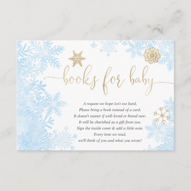 Blue gold snowflake boy baby shower book request e enclosure card (Front)