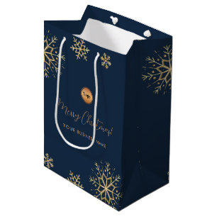 Blue Gold Snowflake Custom Company Logo Christmas Medium Gift Bag