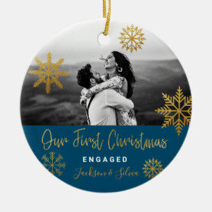 Blue Gold Snowflakes First Christmas Engaged Ceramic Tree Decoration