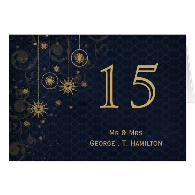 blue gold Snowflakes wedding table numbers (Front Horizontal)