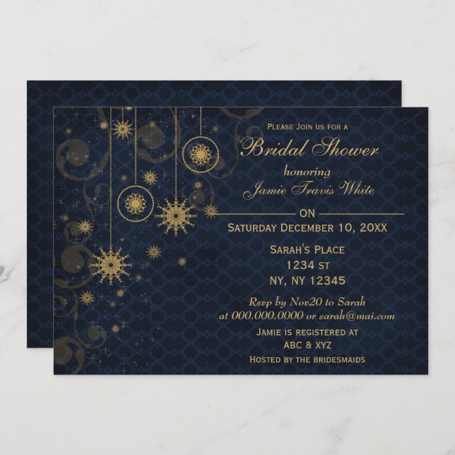 blue gold Snowflakes Winter Bridal Shower Invite (Front/Back)
