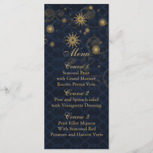 blue gold Snowflakes Winter wedding menu cards