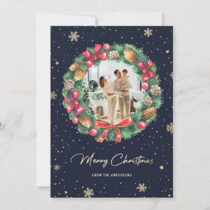 Blue Gold Snowflakes Wreath Photo Holiday Card