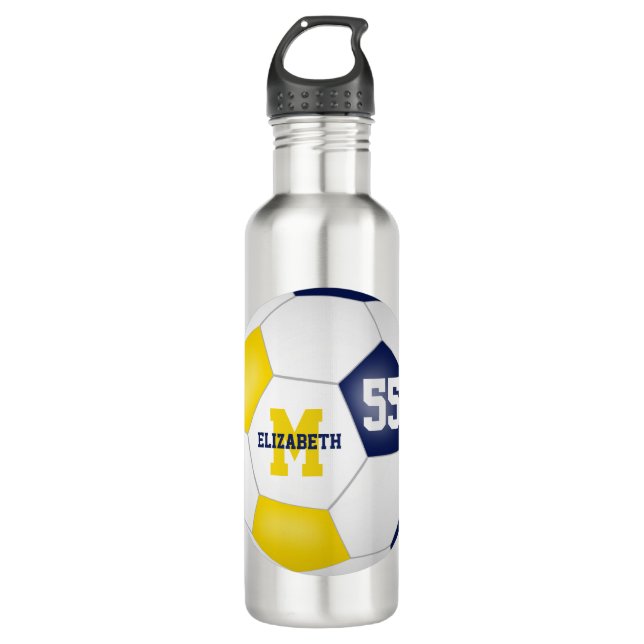 blue gold soccer girl boy school team colours 710 ml water bottle (Front)