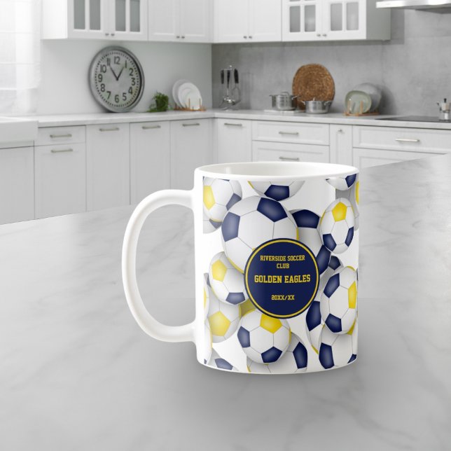 blue gold soccer team colours coach name coffee mug (Kitchen counter in situ)