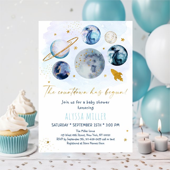 Blue Gold Space Countdown Has Begun Baby Shower Invitation (Creator Uploaded)