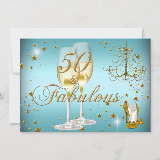 Blue Gold Sparkle 50 & Fabulous Birthday Invite (Front)