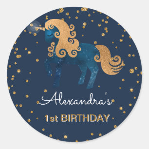 Blue & Gold Sparkle Confetti Unicorn 1st Birthday Classic Round Sticker