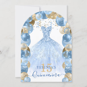 Blue Gold Sparkle Dress Quinceañera Balloon Invitation