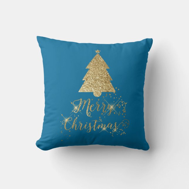 Blue Gold Sparkle Merry Christmas Tree Cushion (Front)