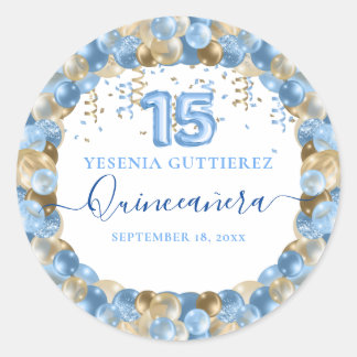 Blue Gold Sparkle Quinceañera Balloon Classic Round Sticker