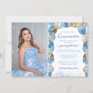 Blue Gold Sparkle Quinceañera Balloon Photo Invita Invitation