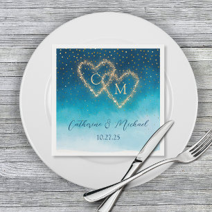 Blue & Gold Sparkles Monogram Watercolor Ombre Napkin
