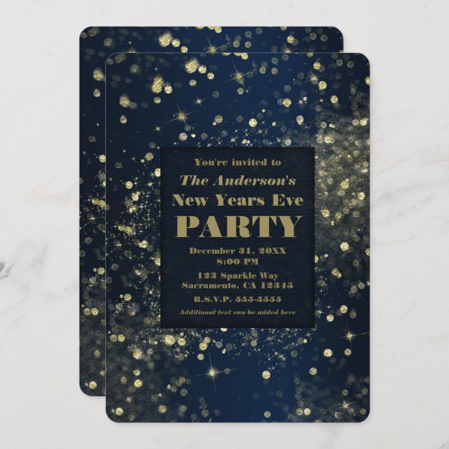 Blue Gold Sparkling Lights New Years Eve Party Invitation (Front/Back)