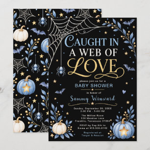 Blue Gold Spider Web Baby Shower Halloween Invitation