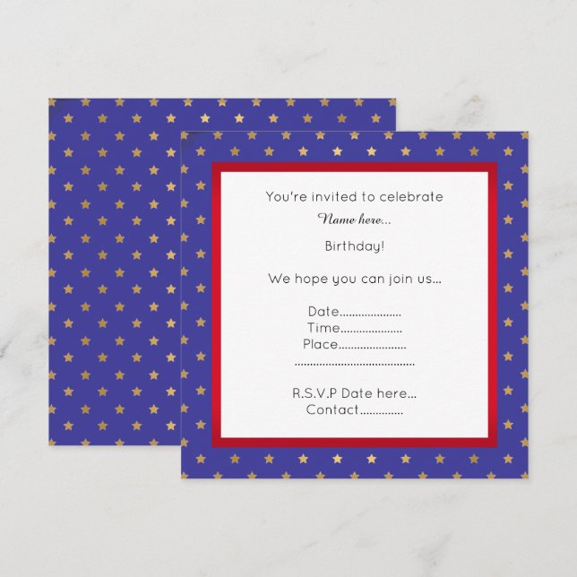Blue & Gold Star Birthday Invitation (Front/Back)