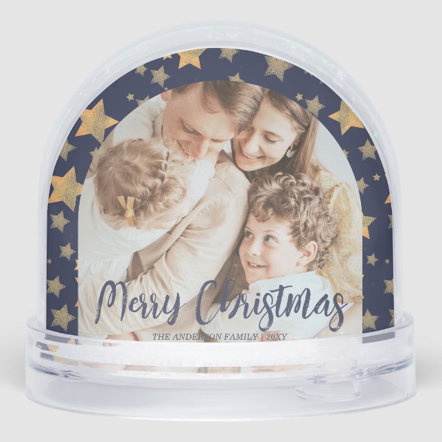 Blue Gold Star Family Photo Merry Christmas Snowglobe (Back)