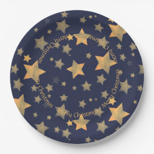 Blue Gold Star Pattern Elegant Vintage Christmas  Paper Plate