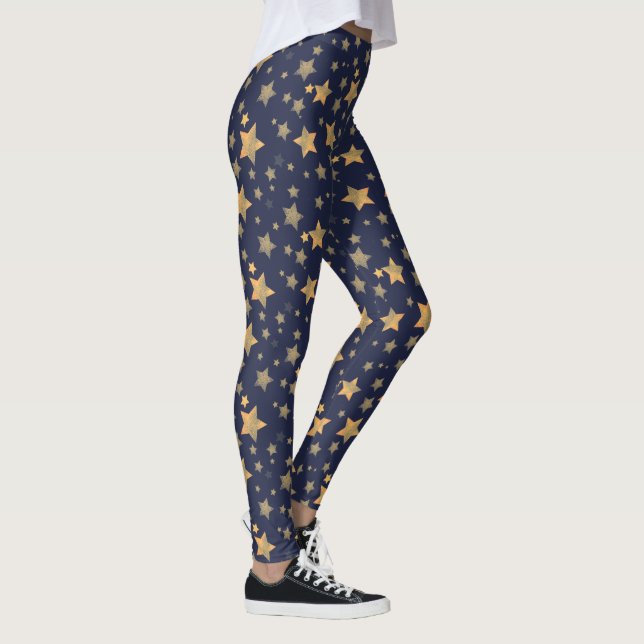 Blue & Gold Star Pattern Vintage Christmas Leggings (Right)