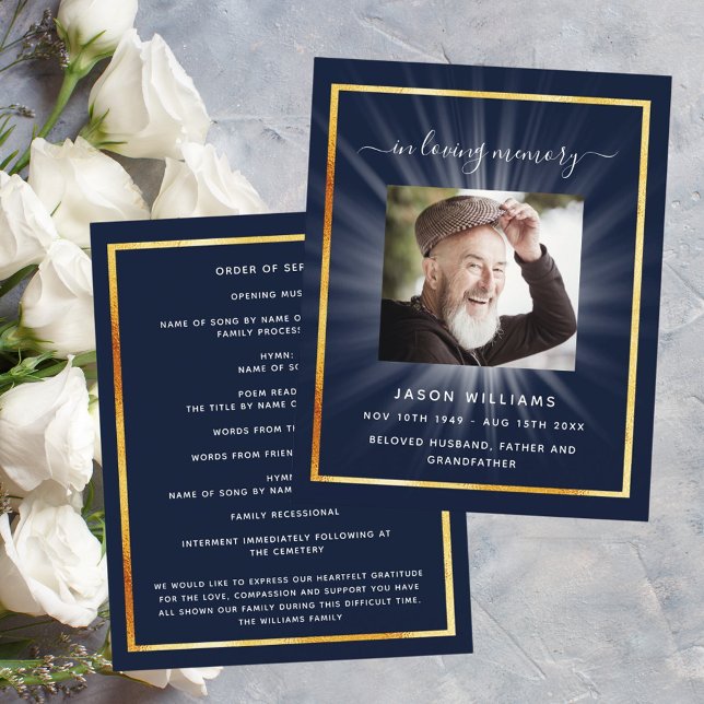 Blue gold star photo funeral program (Creator Uploaded)