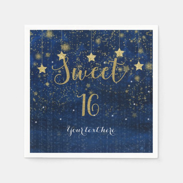 Blue & Gold Starry Celestial Sky Sweet 16 Party Napkin (Front)