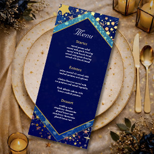 Blue gold starry night celestial magical wedding menu