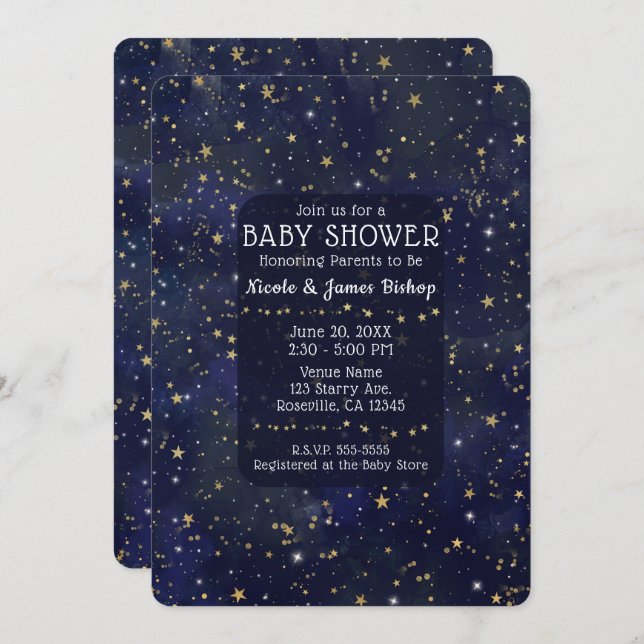 Blue & Gold Starry Night Sky Celestial Baby Shower Invitation (Front/Back)