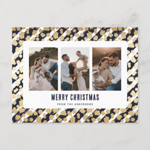 Blue Gold Stars 3 Photo Merry Christmas Holiday Postcard