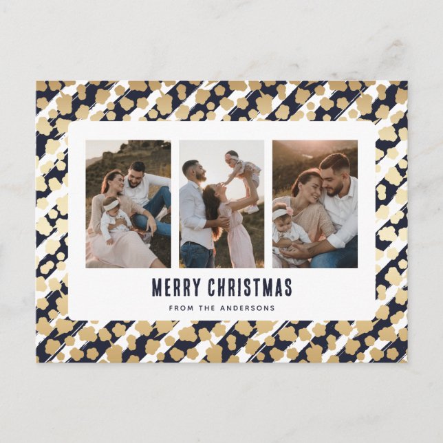 Blue Gold Stars 3 Photo Merry Christmas Holiday Postcard (Front)