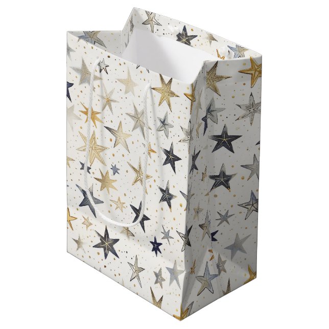 Blue Gold Stars Birthday Medium Gift Bag (Front Angled)
