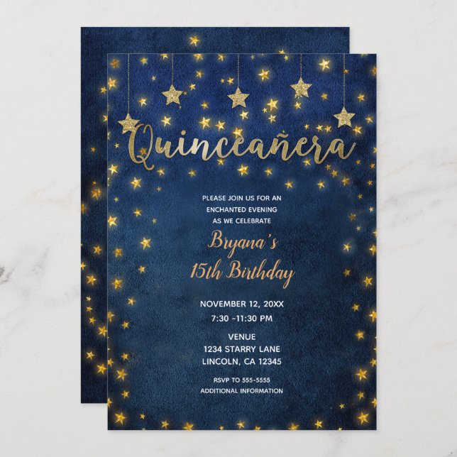 Blue & Gold Stars Celestial Sky Quinceañera Party Invitation (Front/Back)