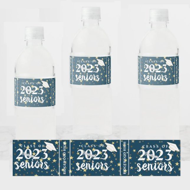 Blue Gold Stars Class of 2024 Senior Graduation Water Bottle Label (Creator Uploaded)