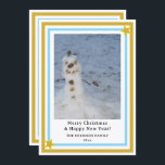 Blue Gold Stars Little Snowman INSERT PHOTO Holiday Card<br><div class="desc">Cute festive little snowman. Gold and pastel blue geometric pattern with yellow gold stars elements. Merry Christmas and Happy New Year in black typography. Insert Family Name and Year. Leave image on front, or Upload your own. Holiday greeting and yellow gold star element on backside. Original Photography Design by TamiraZDesigns....</div>