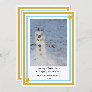 Blue Gold Stars Little Snowman INSERT PHOTO Holiday Card