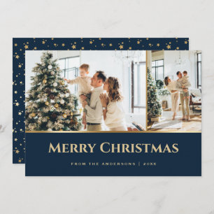 Blue Gold Stars Photo Christmas Holiday Card