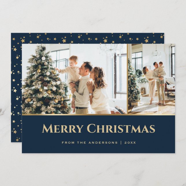 Blue Gold Stars Photo Christmas Holiday Card (Front/Back)