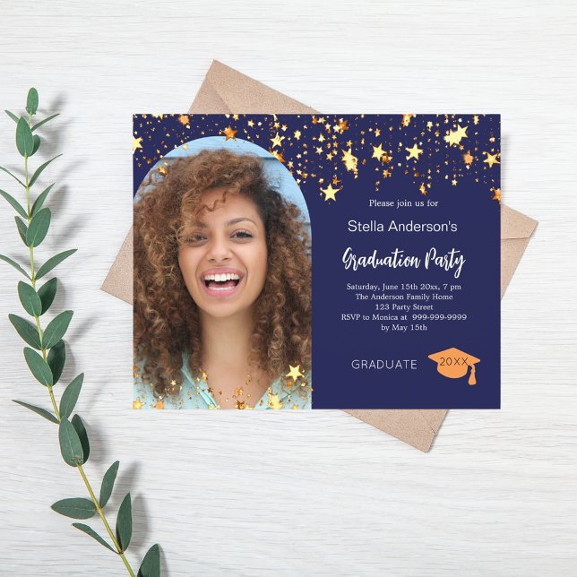 Blue gold stars photo graduation party invitation (Creator Uploaded)
