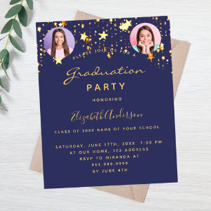 Blue gold stars photo graduation party invitation