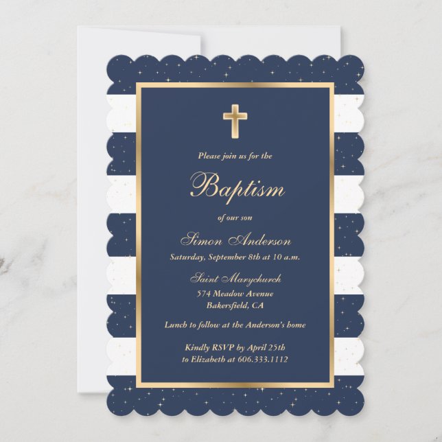 Blue Gold Stars Striped Boy Baptism Invitation (Front)