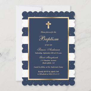 Blue Gold Stars Striped Boy Baptism Invitation