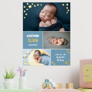 Blue Gold Stars Welcome Baby Boy Photo Collage Foil Prints