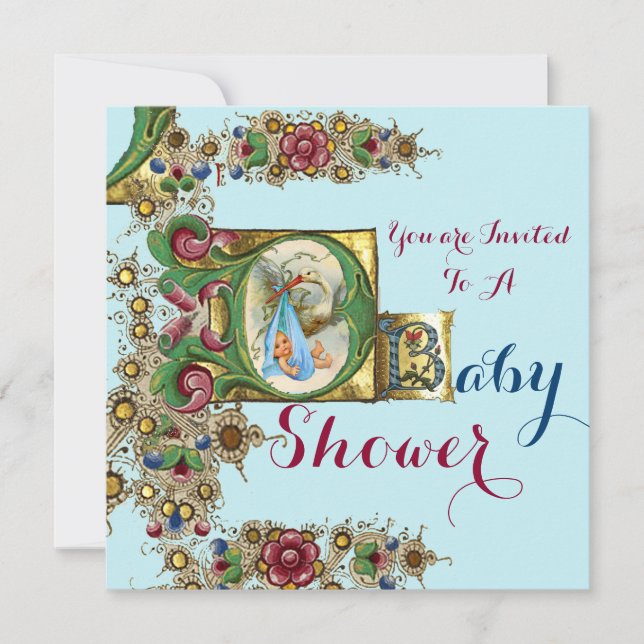 BLUE GOLD STORK BOY BABY SHOWER FLORAL MONOGRAM INVITATION (Front)