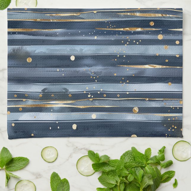 Blue Gold Stripes Dots Tea Towel (Folded)