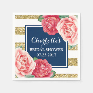 Blue Gold Stripes Pink Flowers Bridal Shower Napkin
