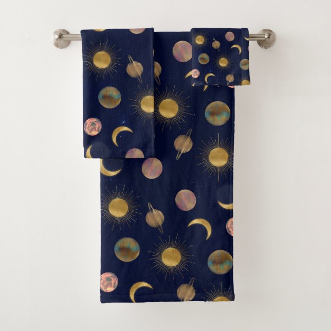 Blue Gold Sun Moon Planets Space illustration Bath Towel Set (Insitu)